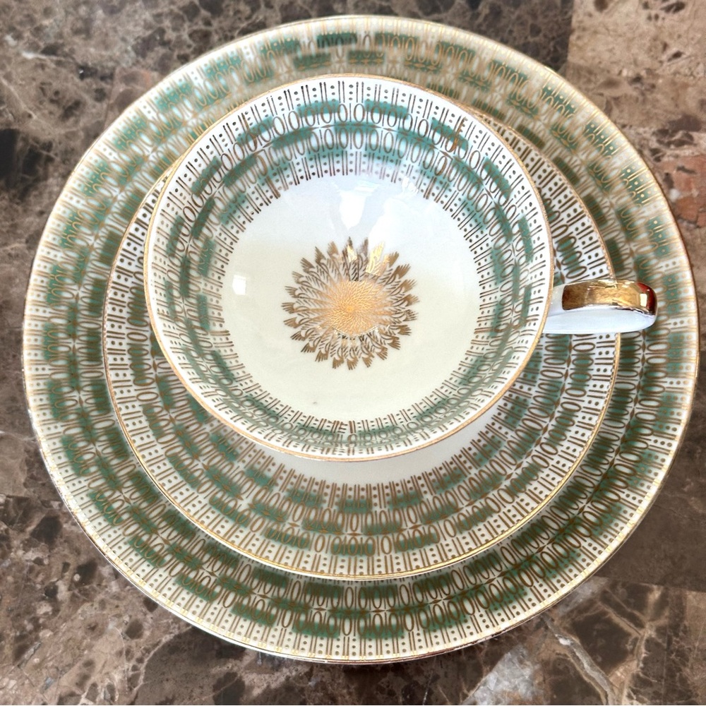 Vintage GKC Bavaria Cup Saucer And Plate 3 Piece Set Green And Gold